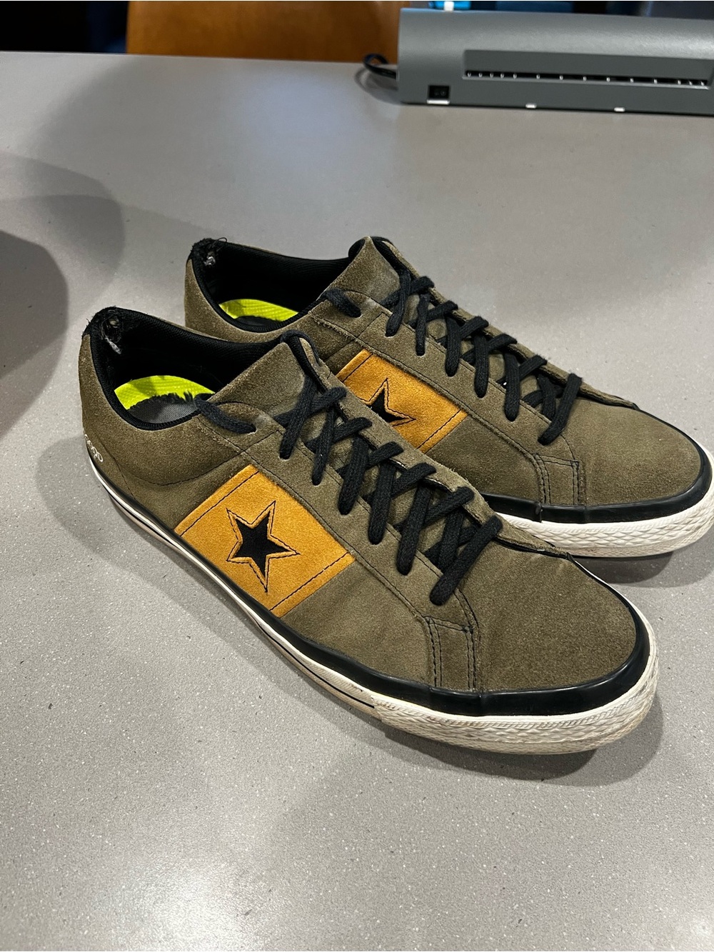 Converse Olive Green Suede Low-Top Sneakers with Mustard Accent